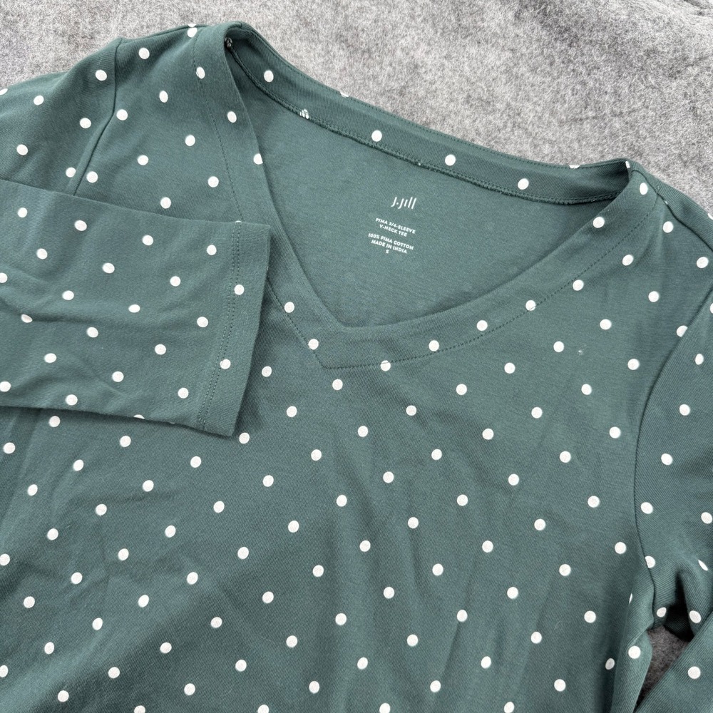 J.Jill V-Neck Tee Women Small Green Polka Dot Pima Cotton 3/4 Sleeve Top Spring